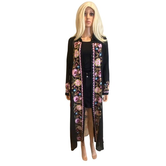 Aratta Floral Embroidered Black Maxi Long Sheer Kimono XS/S Duster Dress - Picture 5 of 17